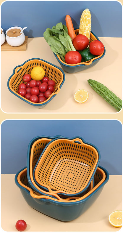 Home Kitchen Multifunctional Plastic Square Vegetable Wash Basket     Double Drainer Basket  Six-piece set