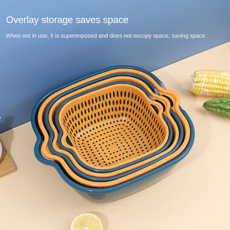 Home Kitchen Multifunctional Plastic Square Vegetable Wash Basket     Double Drainer Basket  Six-piece set