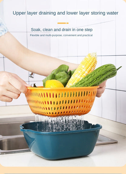 Home Kitchen Multifunctional Plastic Square Vegetable Wash Basket     Double Drainer Basket  Six-piece set