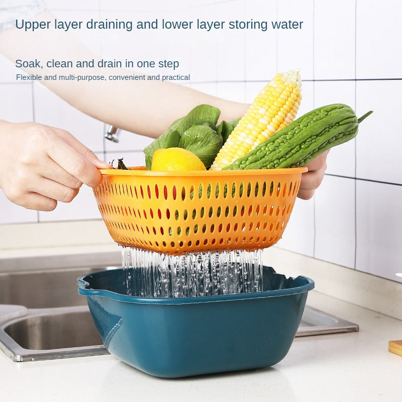 Home Kitchen Multifunctional Plastic Square Vegetable Wash Basket     Double Drainer Basket  Six-piece set