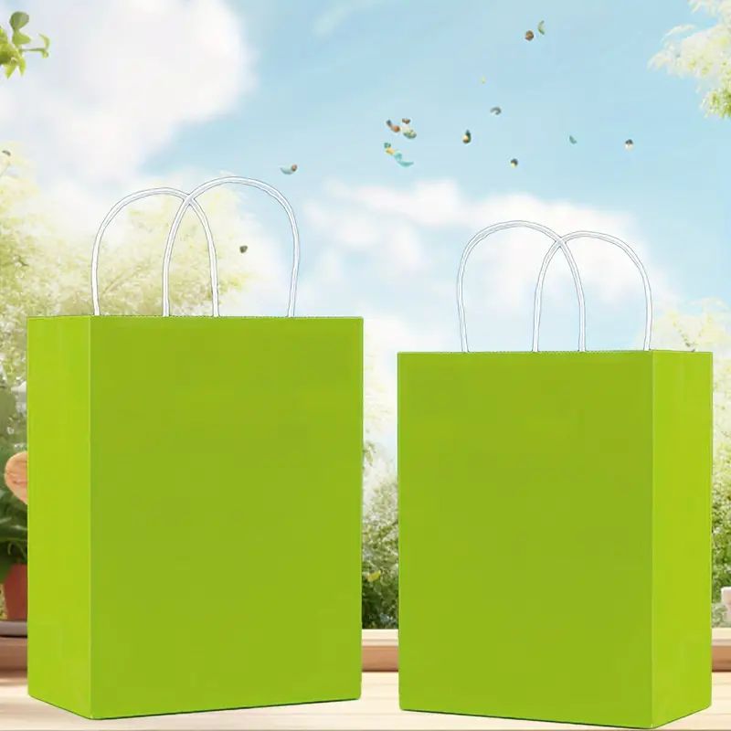 8/12/25/50/100/ pcs, Natural Light Green Gift Bags With Cowhide Paper Bags With Handles, 6.3*3.15*8.26 Inches, For Birthday Parties, Birthday Gift Bags, Wedding Gift Bags, Small Business Supplies, Shopping Bag, Party Bag, Party Gift Bag, Craft Tote Bag