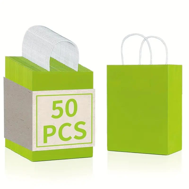 8/12/25/50/100/ pcs, Natural Light Green Gift Bags With Cowhide Paper Bags With Handles, 6.3*3.15*8.26 Inches, For Birthday Parties, Birthday Gift Bags, Wedding Gift Bags, Small Business Supplies, Shopping Bag, Party Bag, Party Gift Bag, Craft Tote Bag