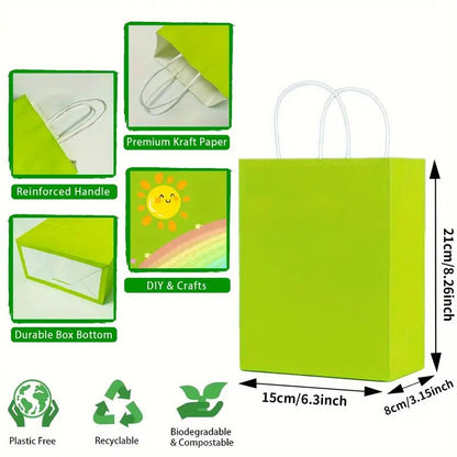 8/12/25/50/100/ pcs, Natural Light Green Gift Bags With Cowhide Paper Bags With Handles, 6.3*3.15*8.26 Inches, For Birthday Parties, Birthday Gift Bags, Wedding Gift Bags, Small Business Supplies, Shopping Bag, Party Bag, Party Gift Bag, Craft Tote Bag