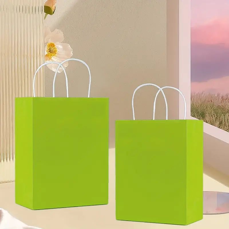 8/12/25/50/100/ pcs, Natural Light Green Gift Bags With Cowhide Paper Bags With Handles, 6.3*3.15*8.26 Inches, For Birthday Parties, Birthday Gift Bags, Wedding Gift Bags, Small Business Supplies, Shopping Bag, Party Bag, Party Gift Bag, Craft Tote Bag